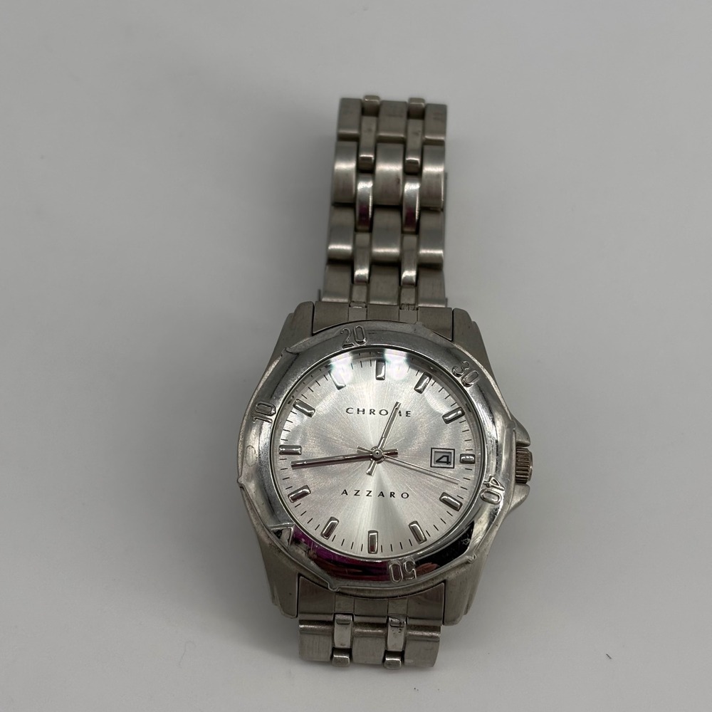 Azzaro‎ Chrome Mens Silver Stainless Steel Watch Japan Quartz Date 3ATM Untested